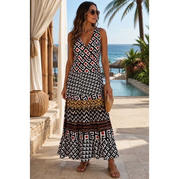 Sabby Anand Dresses & Skirts - Sabby Anand Maxi Dress Sz L Cotton Geometric Tribal Print Open Back Boho Resort